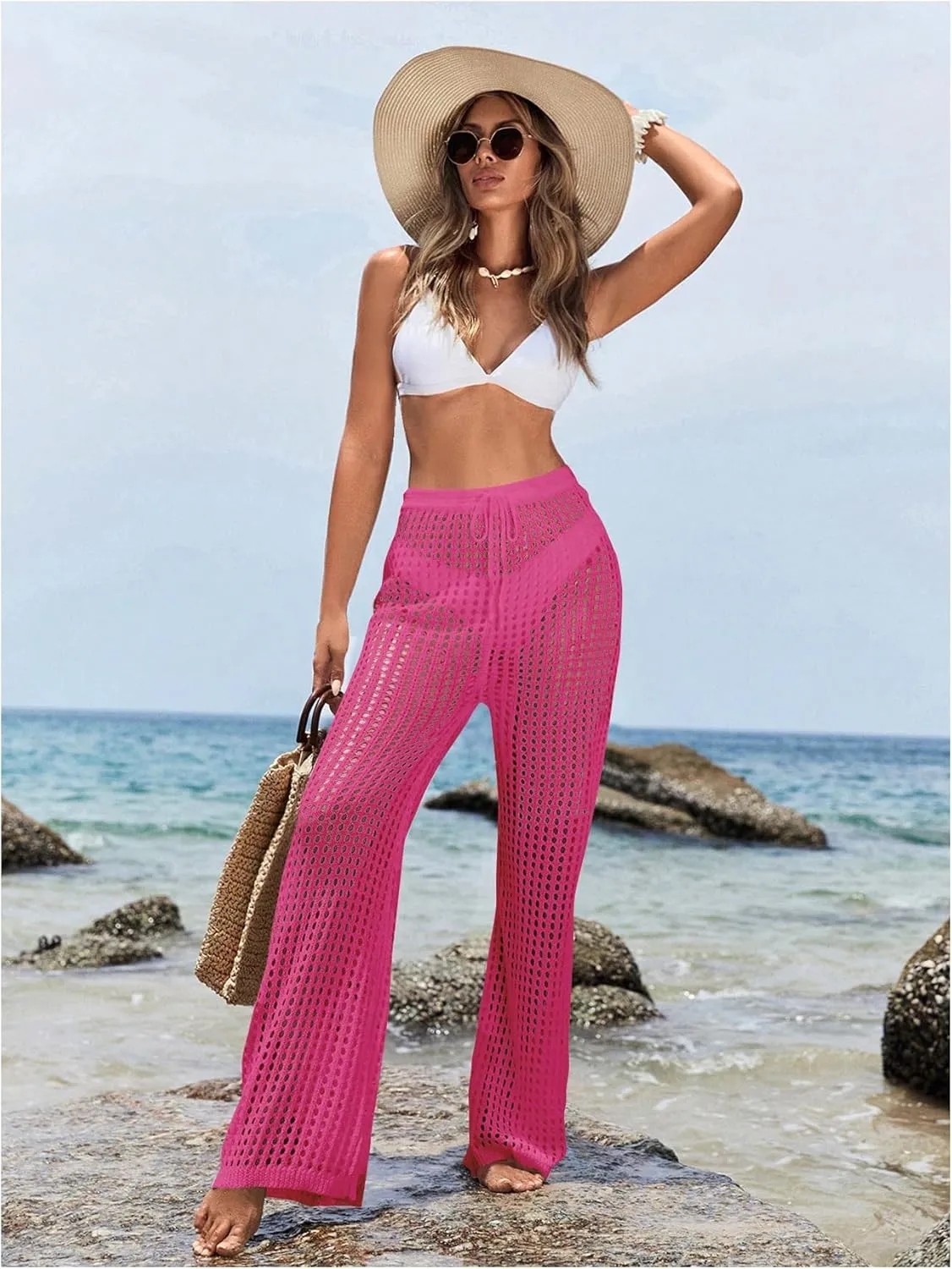 Women's Cover Up Beach Pants Hollow Out Drawstring High Elastic Waist Swimsuit Beach Cover Up Pants