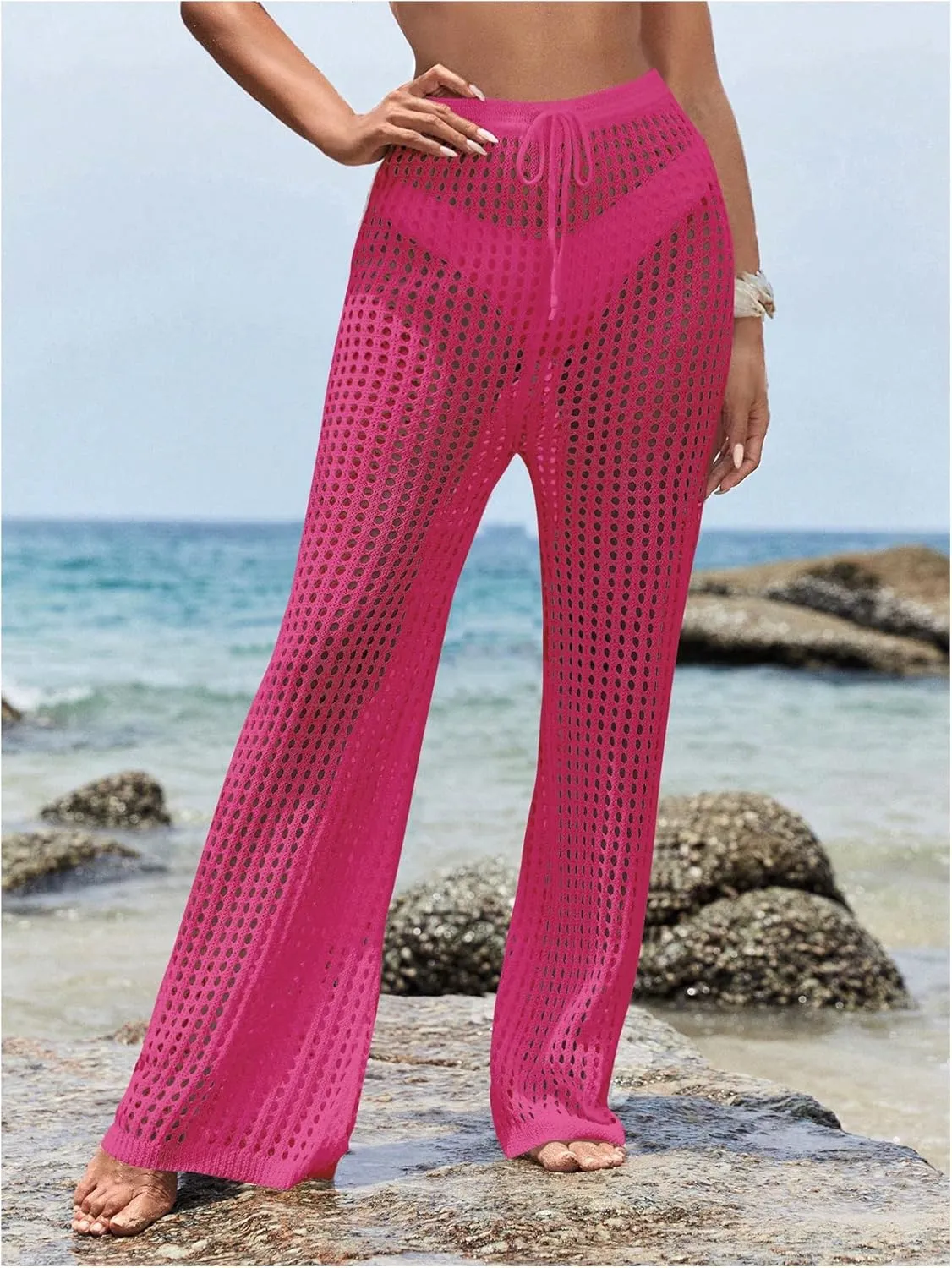 Women's Cover Up Beach Pants Hollow Out Drawstring High Elastic Waist Swimsuit Beach Cover Up Pants