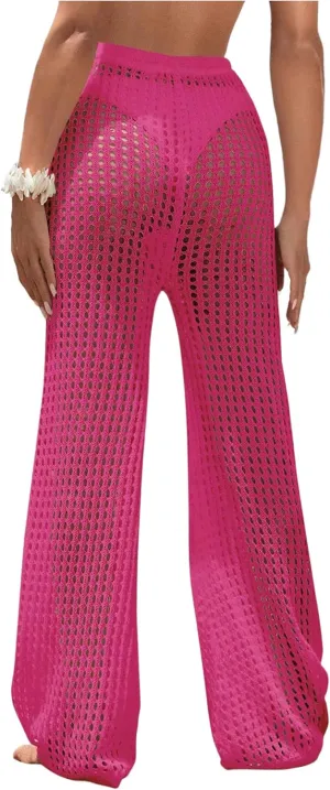 Women's Cover Up Beach Pants Hollow Out Drawstring High Elastic Waist Swimsuit Beach Cover Up Pants
