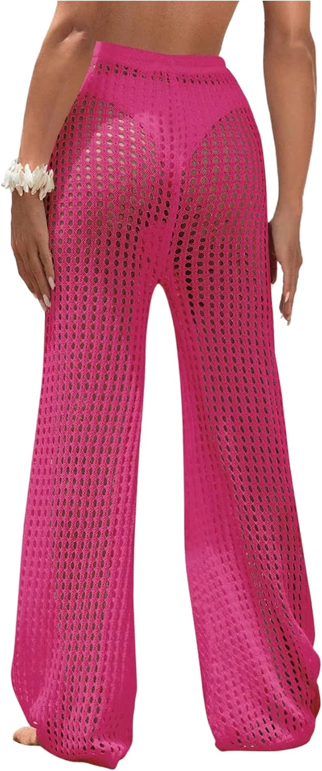 Women's Cover Up Beach Pants Hollow Out Drawstring High Elastic Waist Swimsuit Beach Cover Up Pants