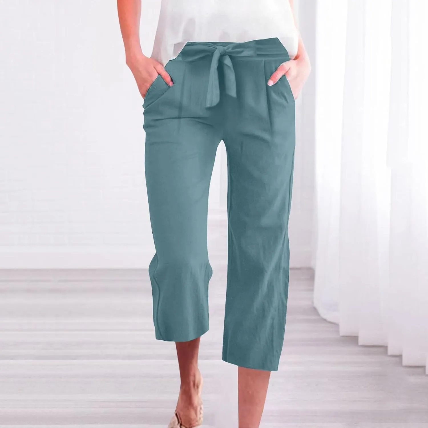 Women's Cropped Capri Pants - Summer Linen Harem Style Trousers, Elastic Waist & Side Pockets