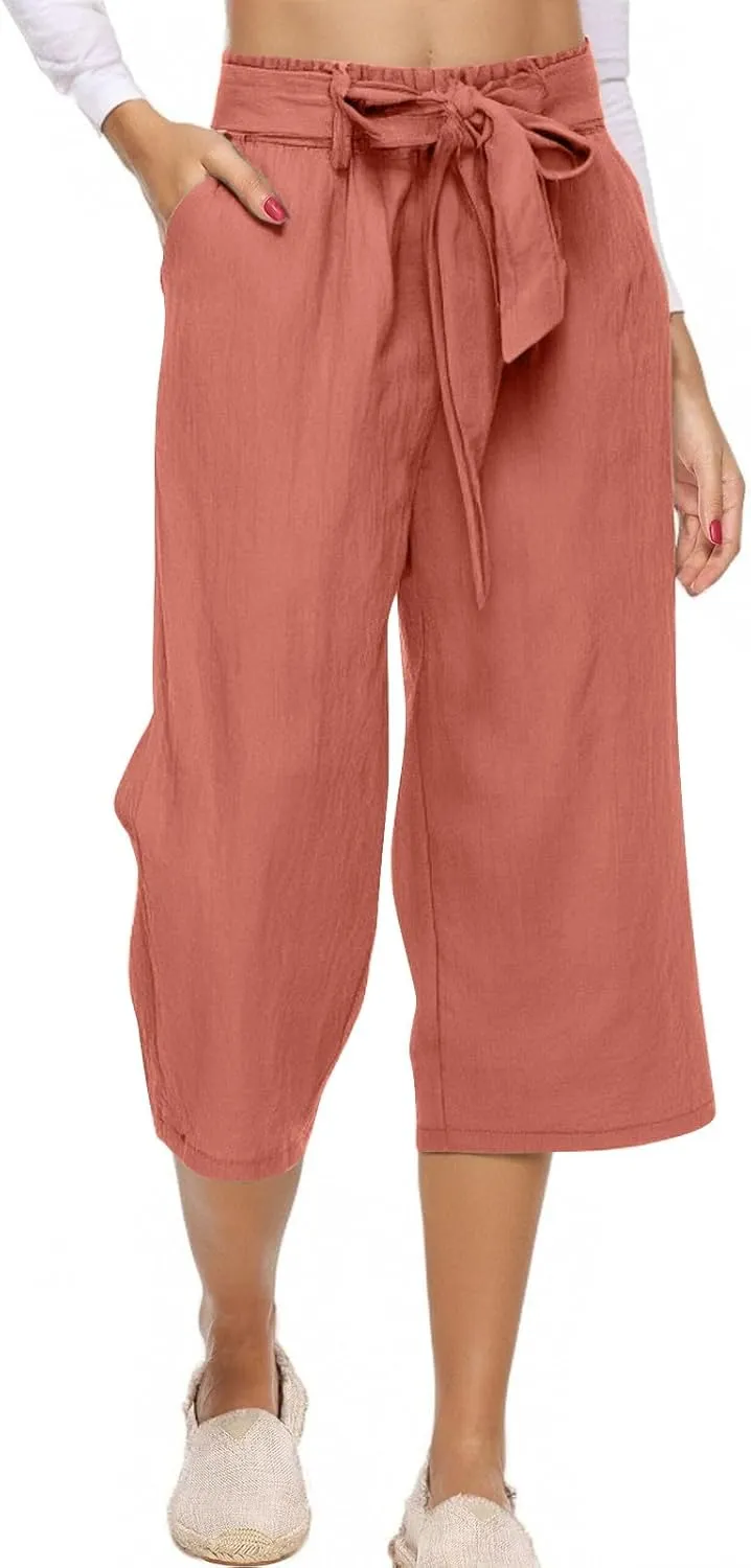 Women's Cropped Capri Pants - Summer Linen Harem Style Trousers, Elastic Waist & Side Pockets