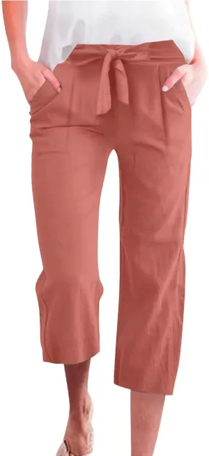 Women's Cropped Capri Pants - Summer Linen Harem Style Trousers, Elastic Waist & Side Pockets