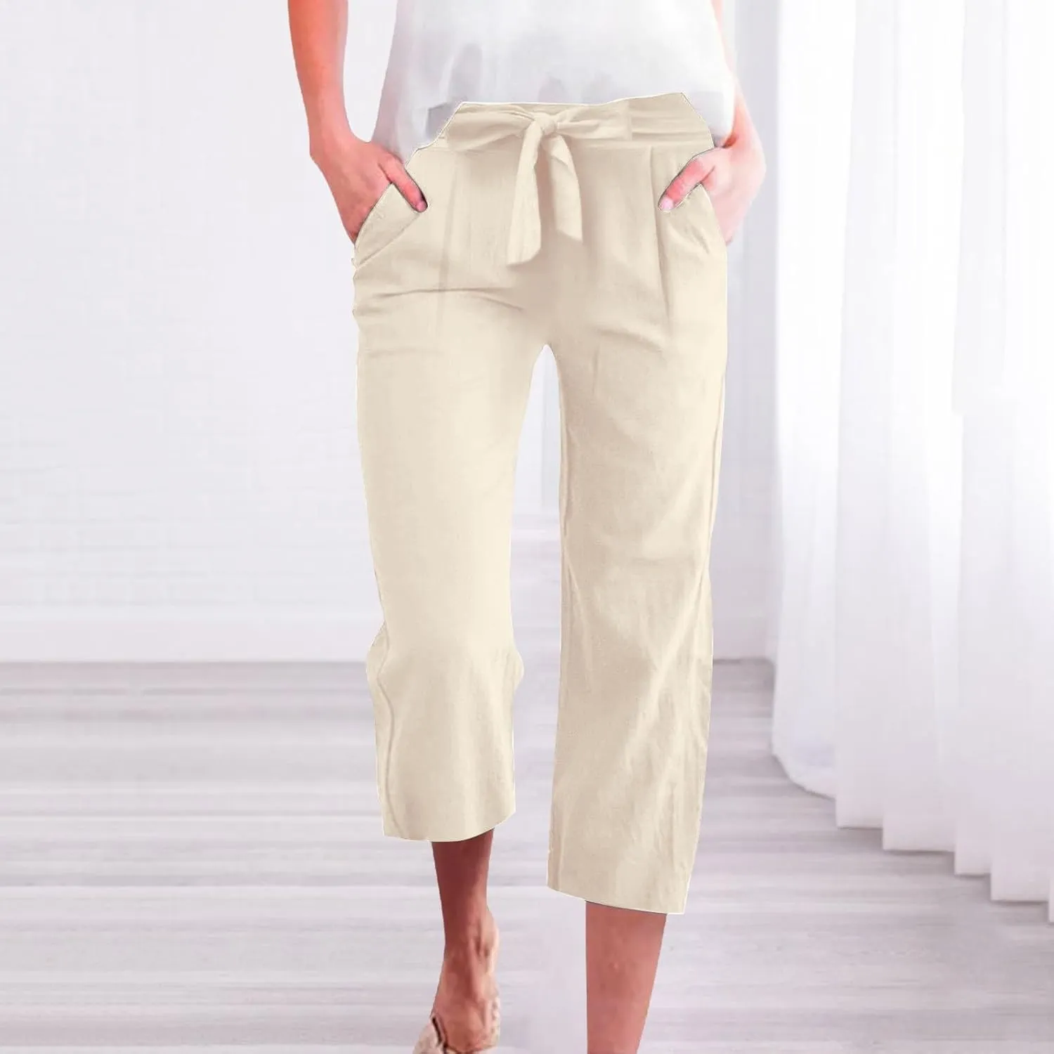 Women's Cropped Capri Pants - Summer Linen Harem Style Trousers, Elastic Waist & Side Pockets