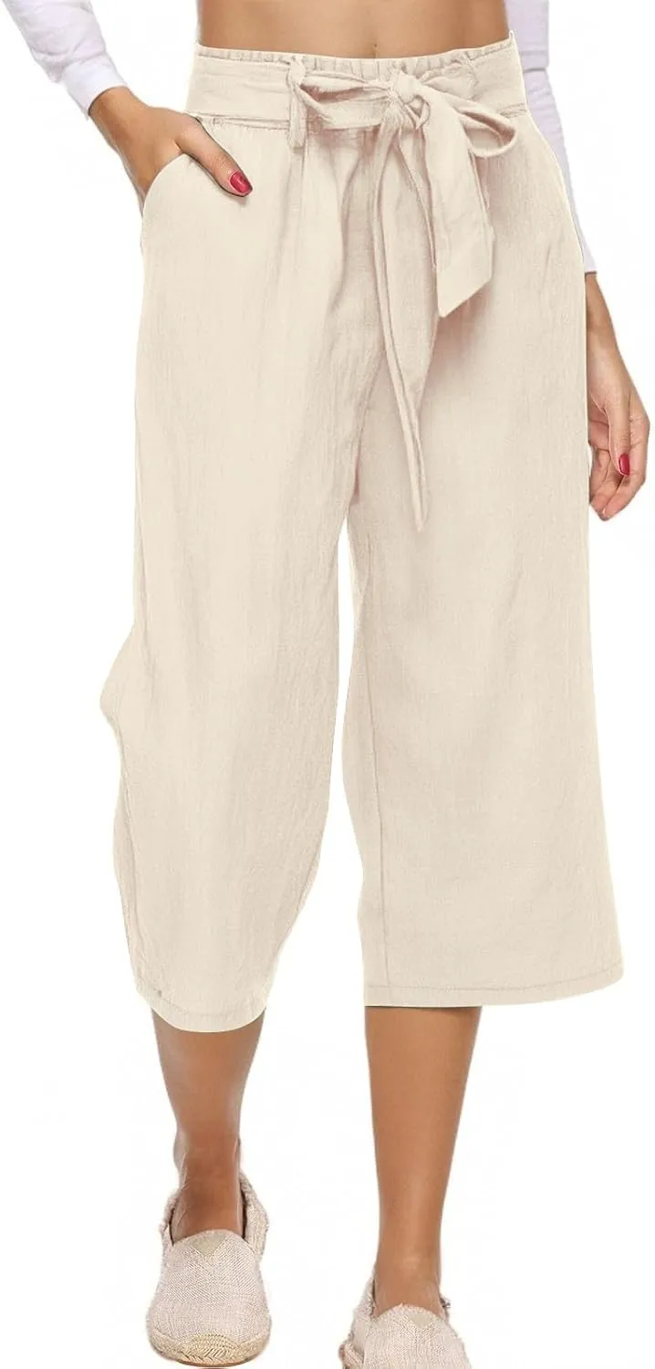 Women's Cropped Capri Pants - Summer Linen Harem Style Trousers, Elastic Waist & Side Pockets
