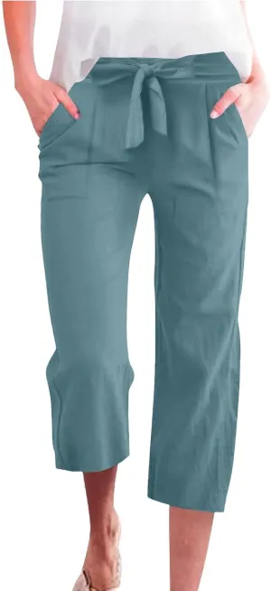 Women's Cropped Capri Pants - Summer Linen Harem Style Trousers, Elastic Waist & Side Pockets