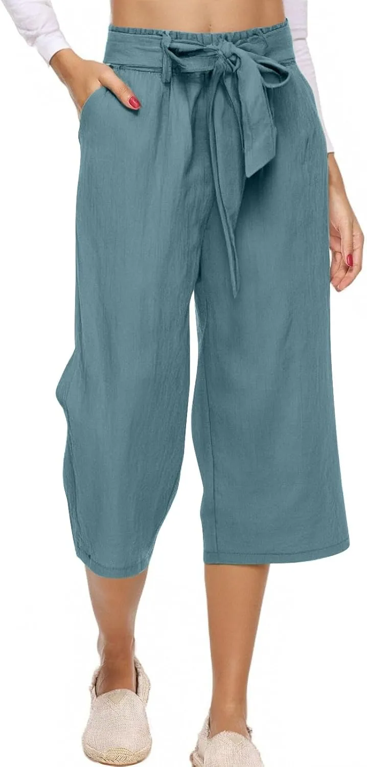 Women's Cropped Capri Pants - Summer Linen Harem Style Trousers, Elastic Waist & Side Pockets