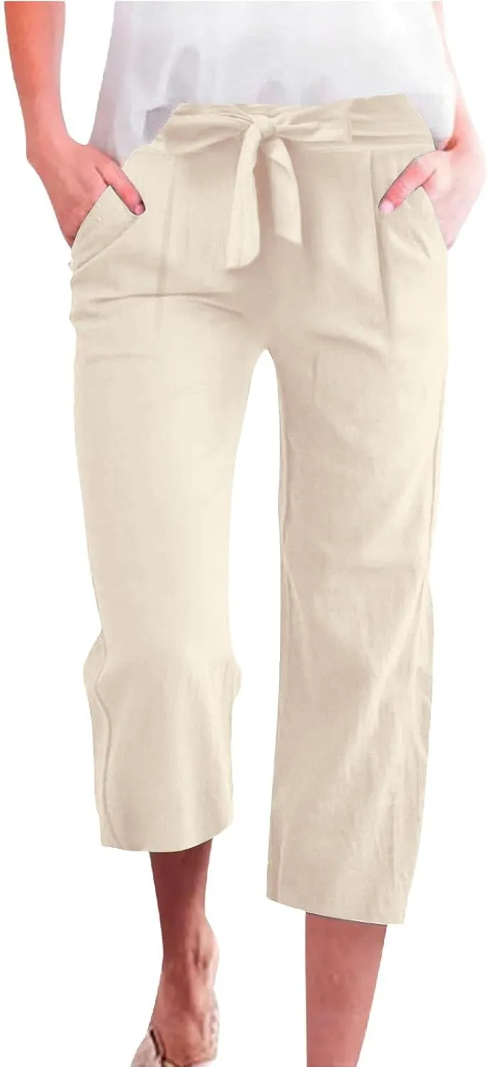 Women's Cropped Capri Pants - Summer Linen Harem Style Trousers, Elastic Waist & Side Pockets