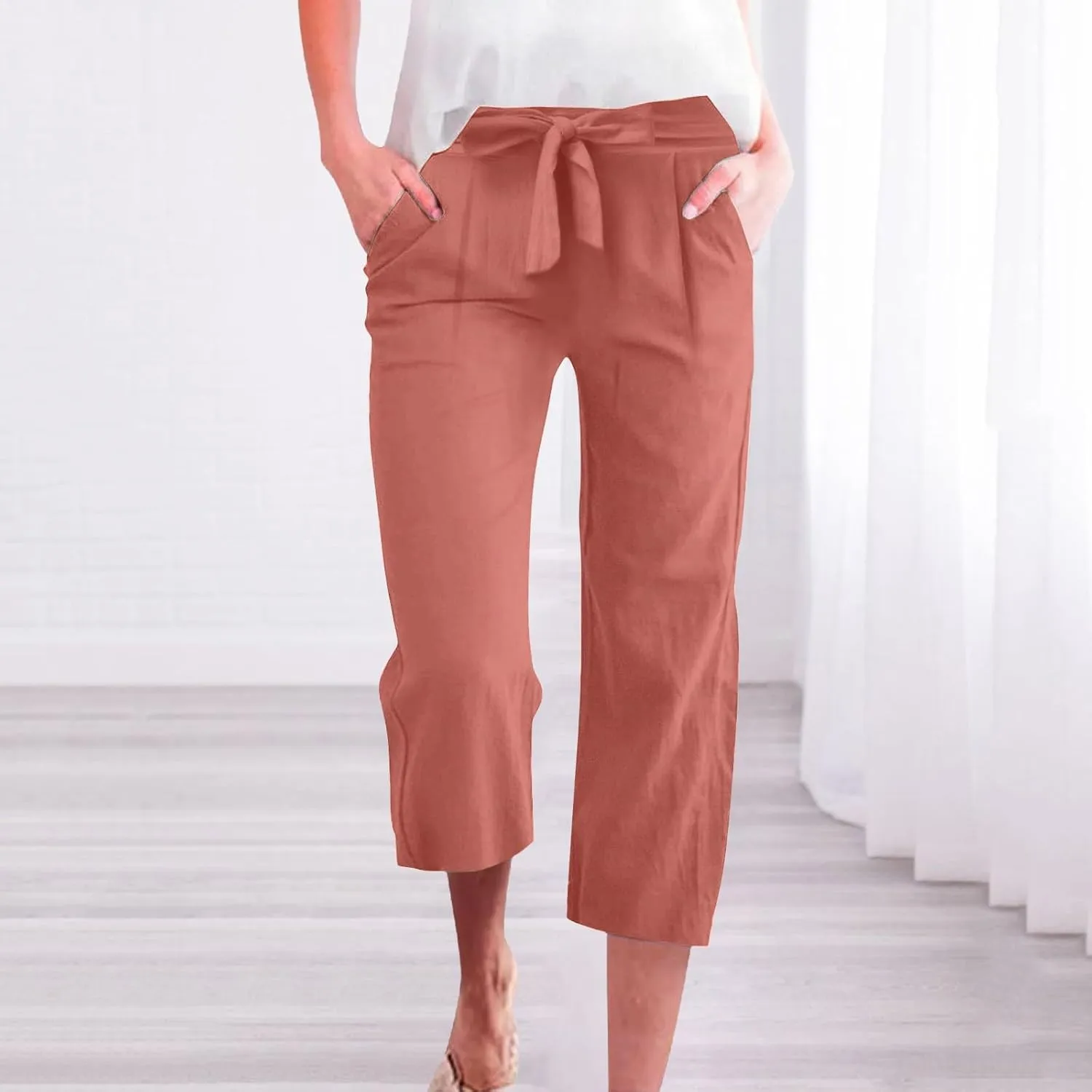 Women's Cropped Capri Pants - Summer Linen Harem Style Trousers, Elastic Waist & Side Pockets