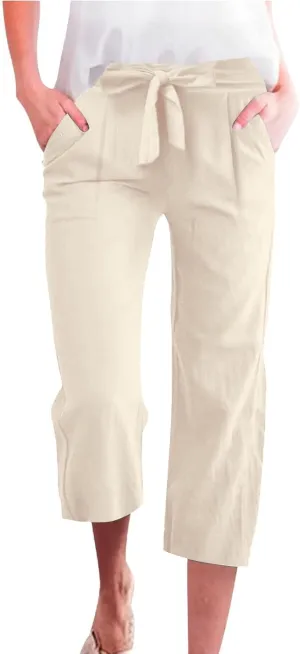 Women's Cropped Capri Pants - Summer Linen Harem Style Trousers, Elastic Waist & Side Pockets