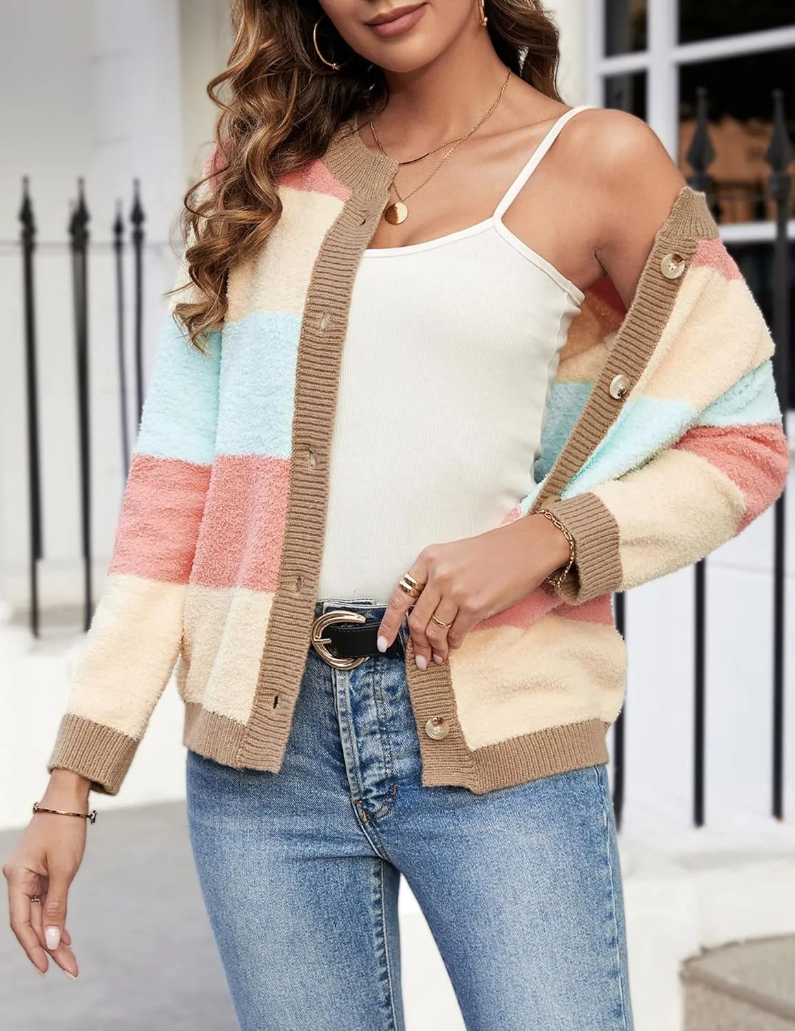 Women's Cute Color Block Button Fleece Cardigan Fall 2024 Casual Lightweight Fluffy Ribbed Knit Crewneck Sweater