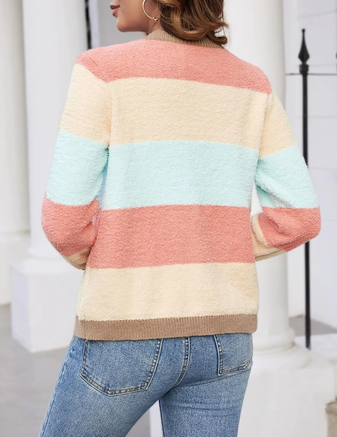 Women's Cute Color Block Button Fleece Cardigan Fall 2024 Casual Lightweight Fluffy Ribbed Knit Crewneck Sweater