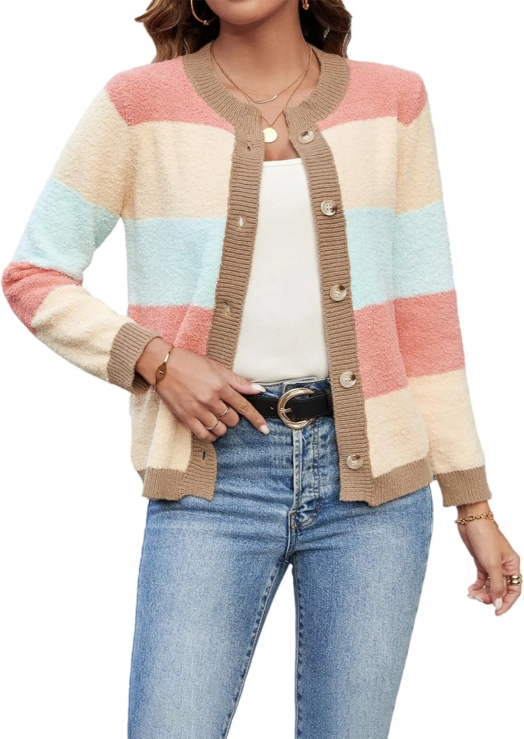 Women's Cute Color Block Button Fleece Cardigan Fall 2024 Casual Lightweight Fluffy Ribbed Knit Crewneck Sweater