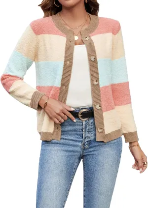 Women's Cute Color Block Button Fleece Cardigan Fall 2024 Casual Lightweight Fluffy Ribbed Knit Crewneck Sweater