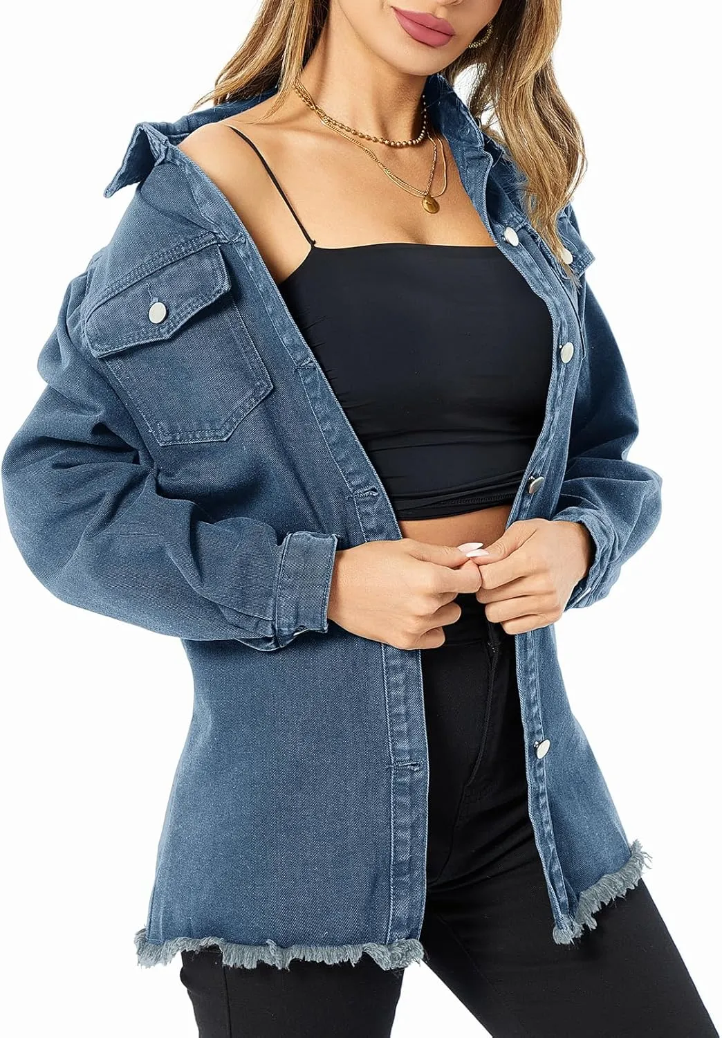 Women's Denim Jacket Casual Long Sleeve Denim Shirts Distressed Jean Jacket 2025 Spring Outfits