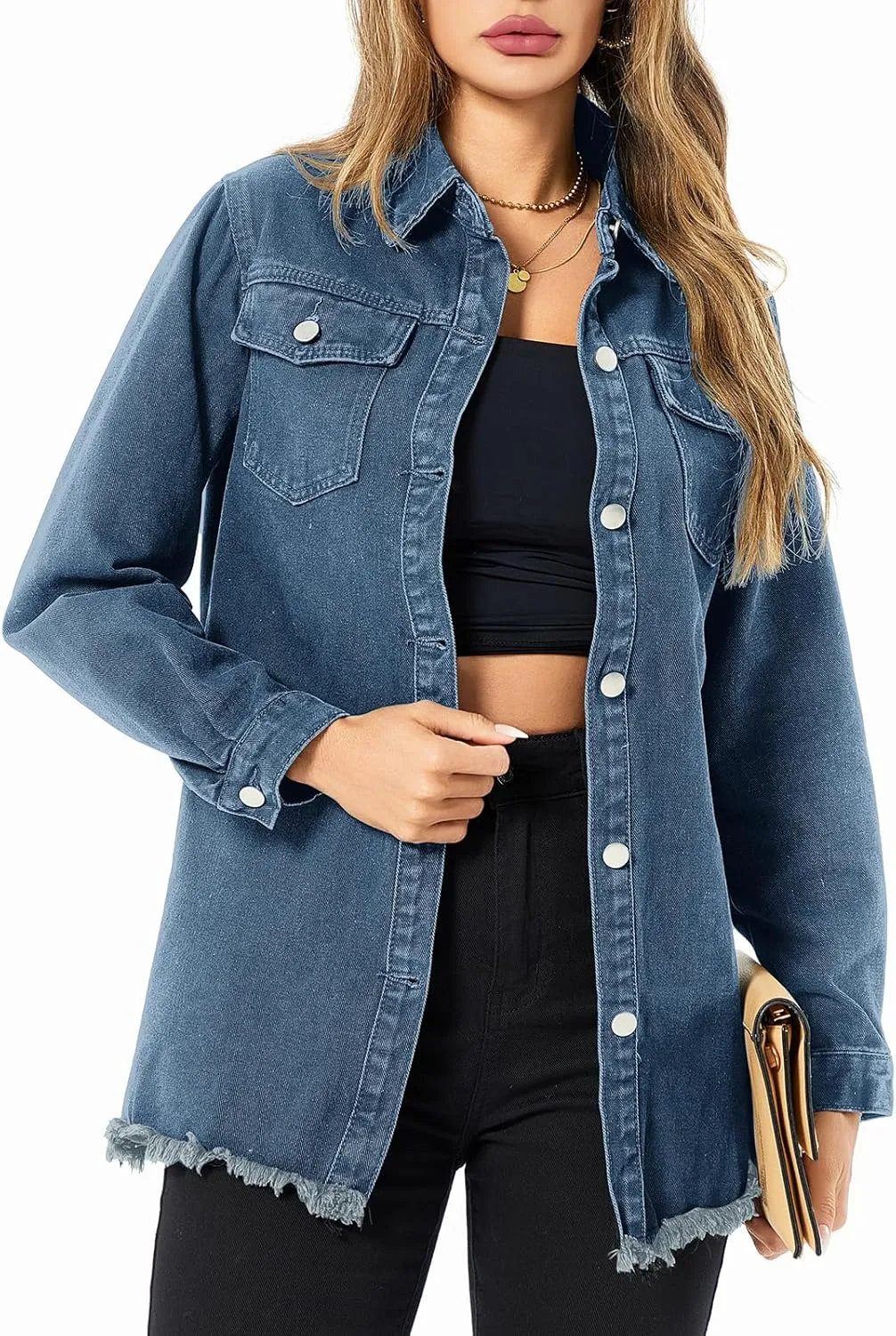 Women's Denim Jacket Casual Long Sleeve Denim Shirts Distressed Jean Jacket 2025 Spring Outfits