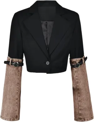 Womens Denim Patchwork Blazer Notched Collar Buttons Long Sleeve Cropped Suit Jackets