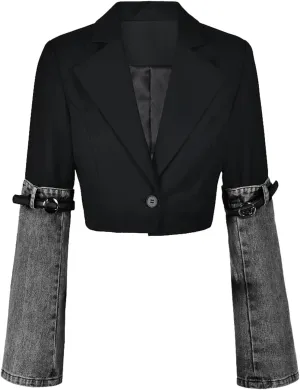 Womens Denim Patchwork Blazer Notched Collar Buttons Long Sleeve Cropped Suit Jackets