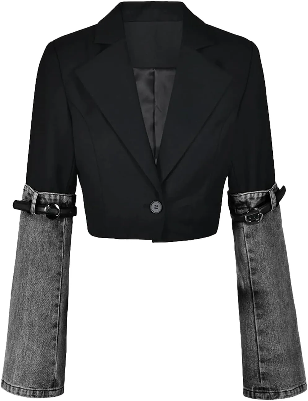Womens Denim Patchwork Blazer Notched Collar Buttons Long Sleeve Cropped Suit Jackets