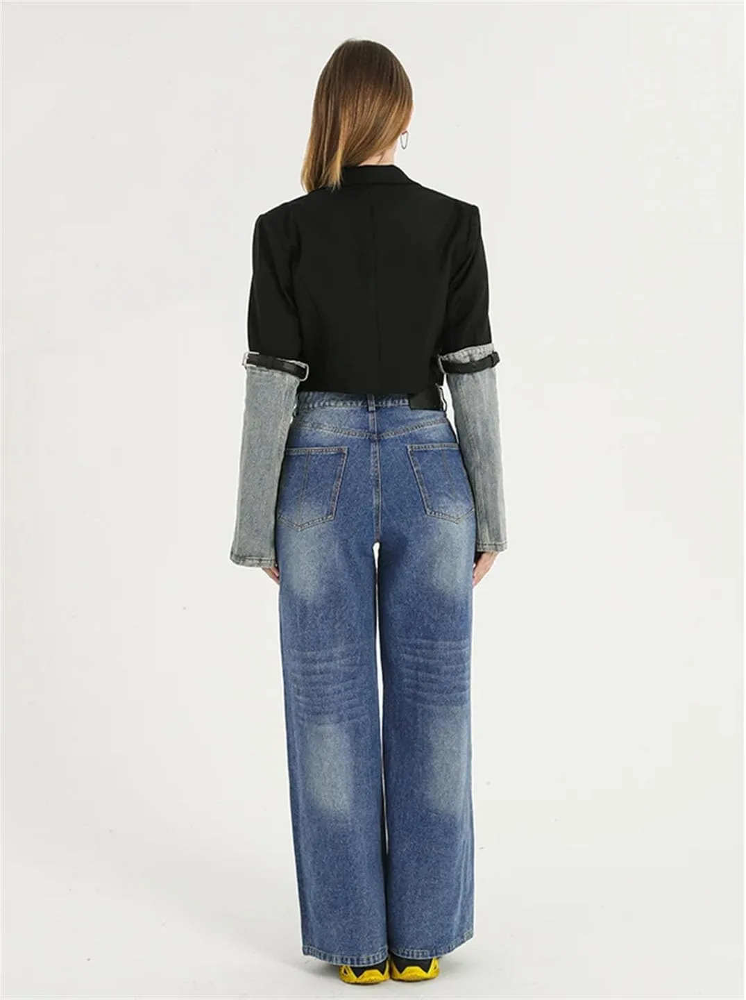 Womens Denim Patchwork Blazer Notched Collar Buttons Long Sleeve Cropped Suit Jackets