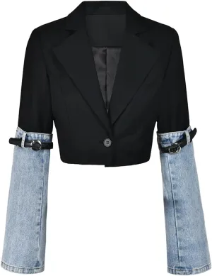 Womens Denim Patchwork Blazer Notched Collar Buttons Long Sleeve Cropped Suit Jackets