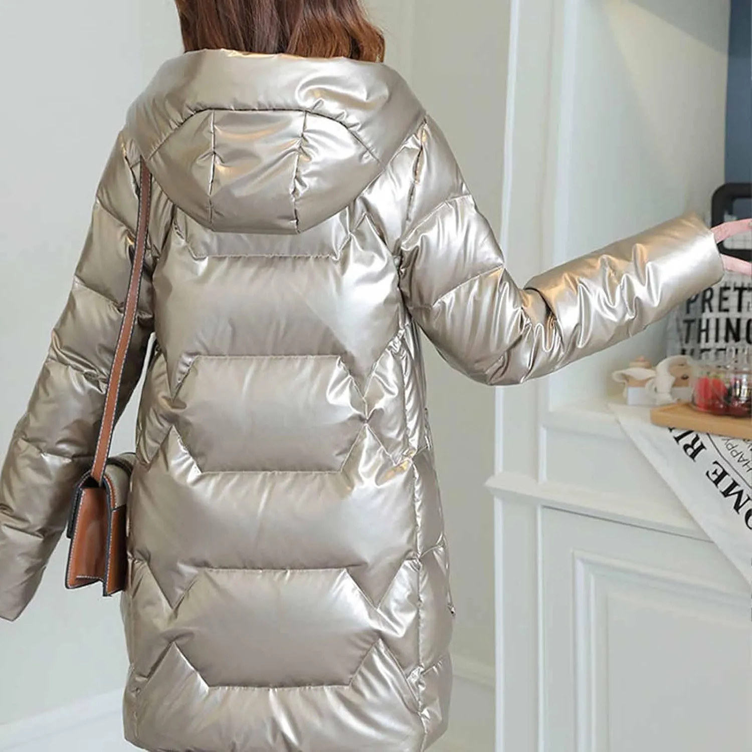 Women's Down Puffer Jacket Quilted Winter Coat Metallic Reflective Warm Long Puffer Jacket Thicken Parka Hooded