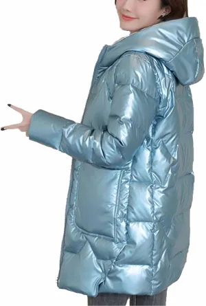 Women's Down Puffer Jacket Quilted Winter Coat Metallic Reflective Warm Long Puffer Jacket Thicken Parka Hooded