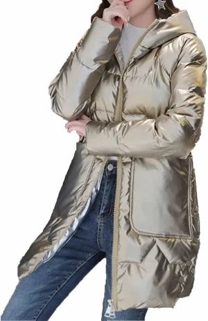 Women's Down Puffer Jacket Quilted Winter Coat Metallic Reflective Warm Long Puffer Jacket Thicken Parka Hooded