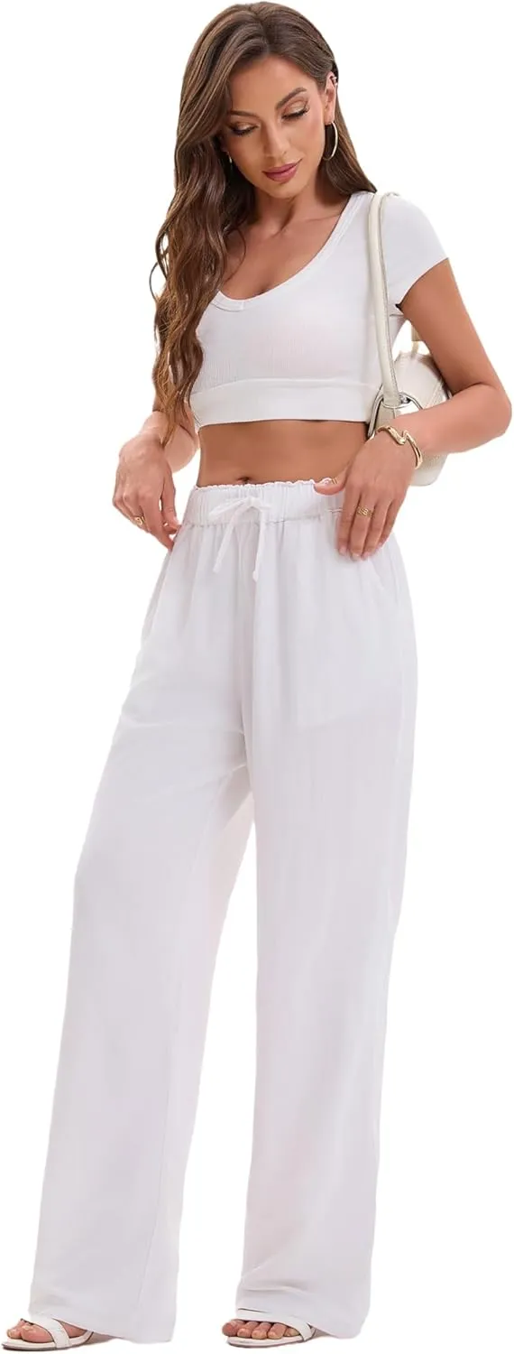 Women's Drawstring Elastic Waist Wide Leg Cotton Linen Yoga Long Pants
