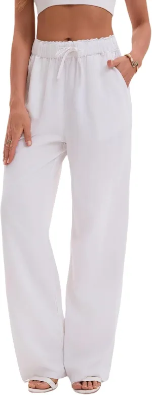 Women's Drawstring Elastic Waist Wide Leg Cotton Linen Yoga Long Pants