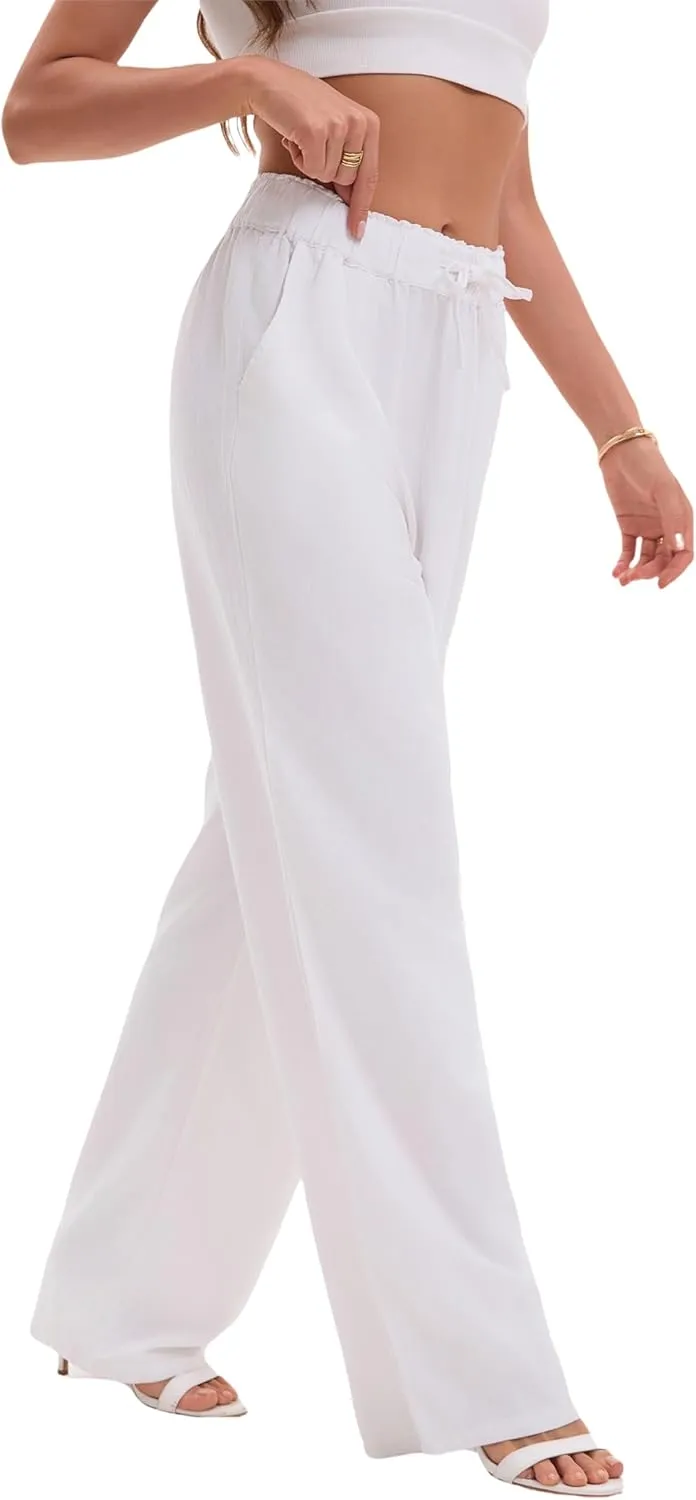 Women's Drawstring Elastic Waist Wide Leg Cotton Linen Yoga Long Pants
