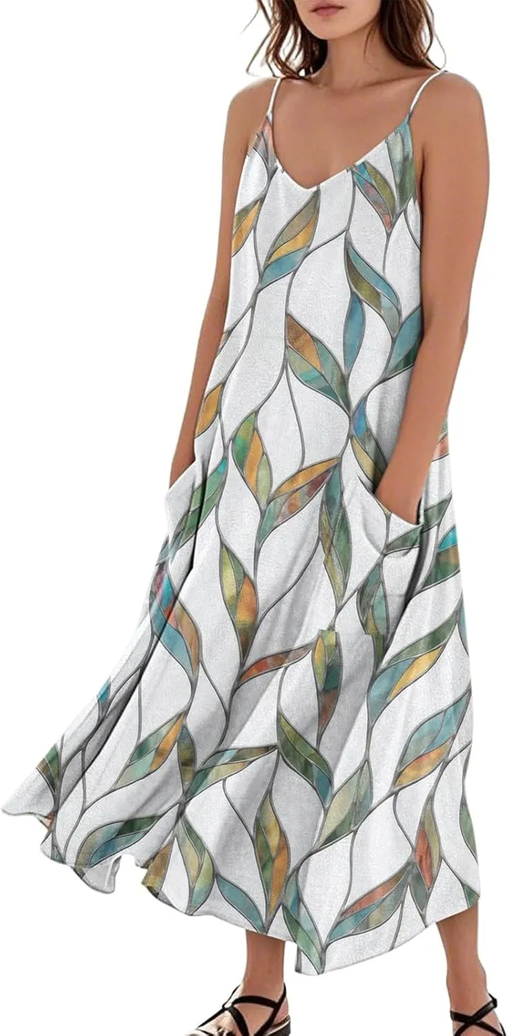 Womens Dresses Cotton Linen Long Dress Summer Sleeveless Elegant Flowy Dresses Loose Comfy Dress with Pockets