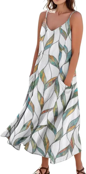 Womens Dresses Cotton Linen Long Dress Summer Sleeveless Elegant Flowy Dresses Loose Comfy Dress with Pockets