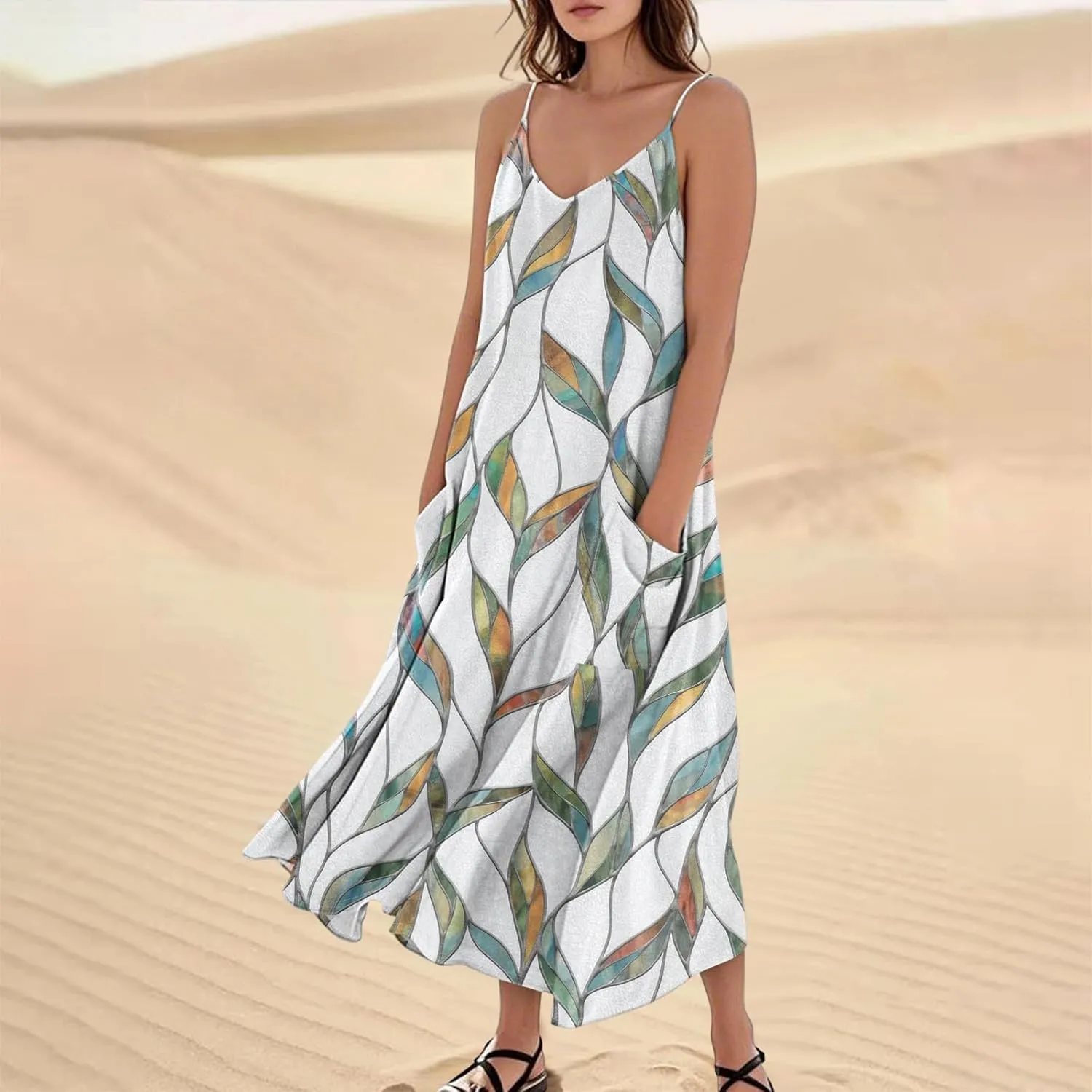 Womens Dresses Cotton Linen Long Dress Summer Sleeveless Elegant Flowy Dresses Loose Comfy Dress with Pockets