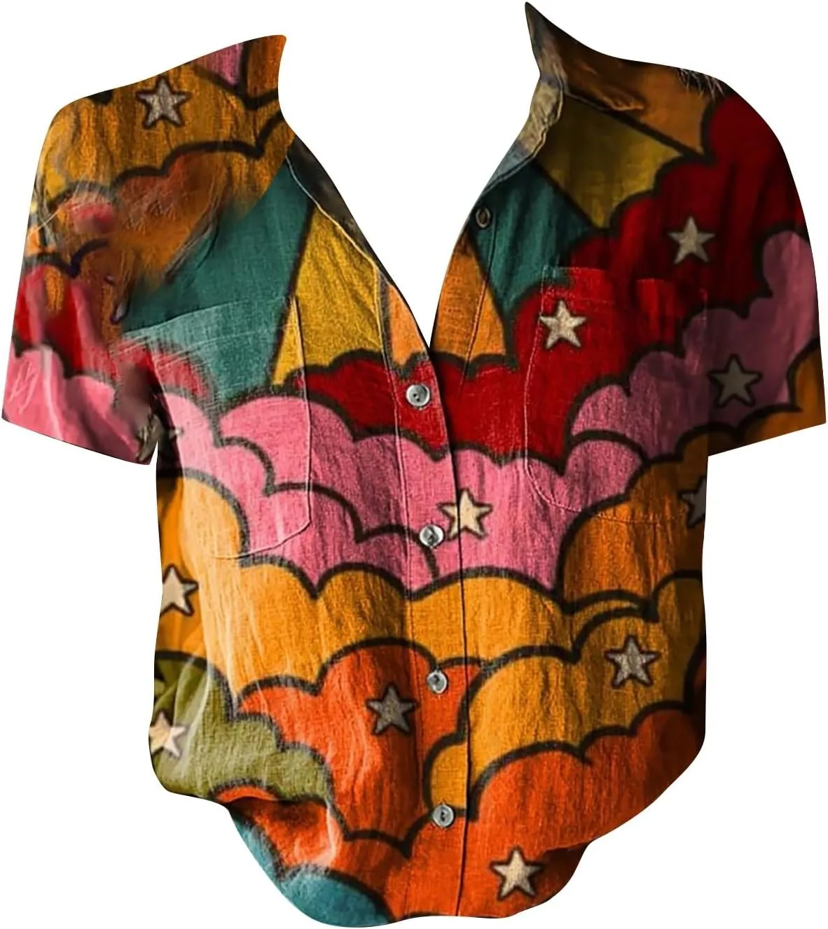 Women's Ethnic Shirts Floral Print Button Down Shirt Loose Fit Short Sleeve Linen Blouse Summer Boho Casual Tops