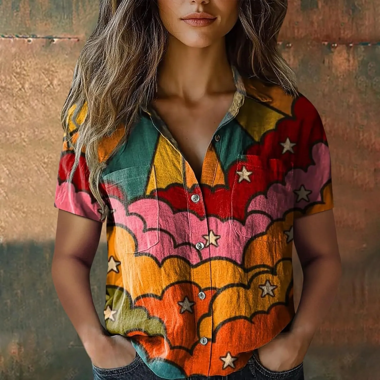 Women's Ethnic Shirts Floral Print Button Down Shirt Loose Fit Short Sleeve Linen Blouse Summer Boho Casual Tops