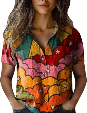 Women's Ethnic Shirts Floral Print Button Down Shirt Loose Fit Short Sleeve Linen Blouse Summer Boho Casual Tops