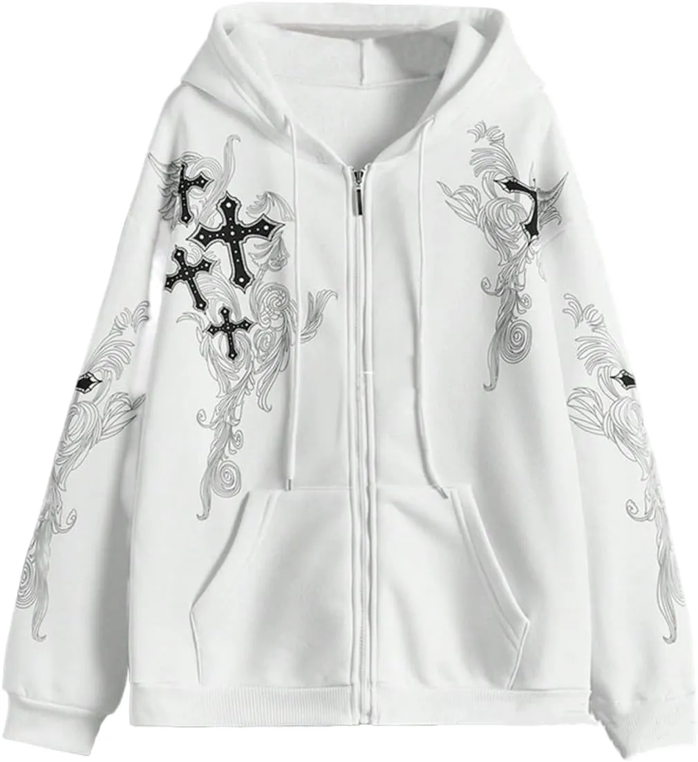 Womens Fall Sweatshirts Cross Totem Print Hooded Sweater Y2K Zipper Hoodies Vintage Outfits Clothes Zip Up Hoodie