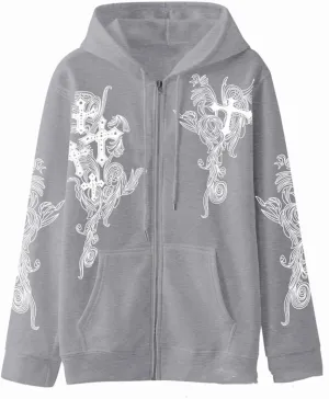 Womens Fall Sweatshirts Cross Totem Print Hooded Sweater Y2K Zipper Hoodies Vintage Outfits Clothes Zip Up Hoodie