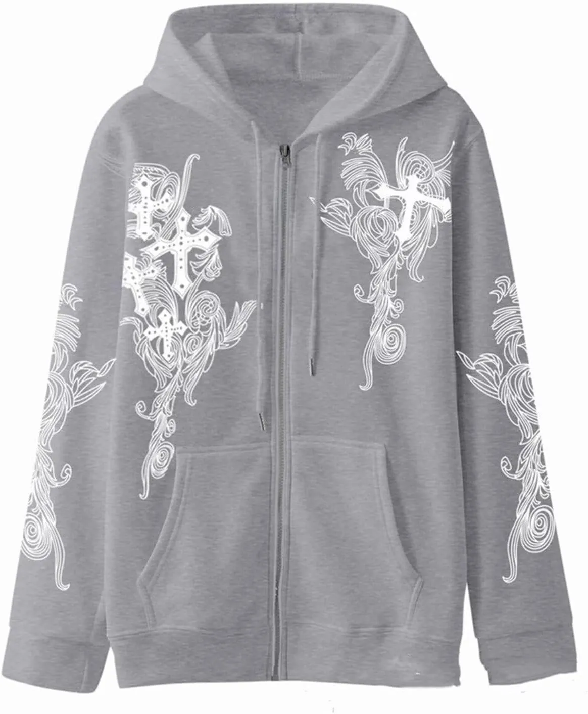 Womens Fall Sweatshirts Cross Totem Print Hooded Sweater Y2K Zipper Hoodies Vintage Outfits Clothes Zip Up Hoodie