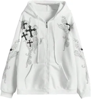 Womens Fall Sweatshirts Cross Totem Print Hooded Sweater Y2K Zipper Hoodies Vintage Outfits Clothes Zip Up Hoodie