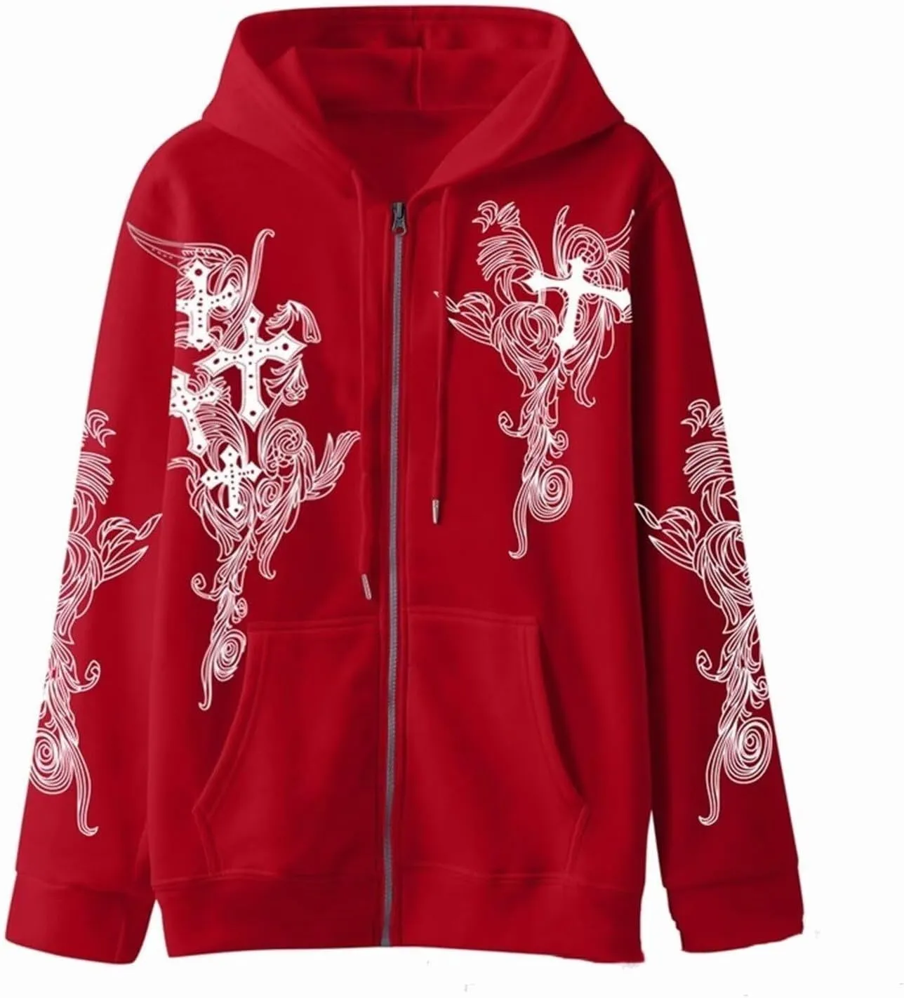 Womens Fall Sweatshirts Cross Totem Print Hooded Sweater Y2K Zipper Hoodies Vintage Outfits Clothes Zip Up Hoodie