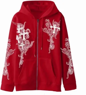 Womens Fall Sweatshirts Cross Totem Print Hooded Sweater Y2K Zipper Hoodies Vintage Outfits Clothes Zip Up Hoodie