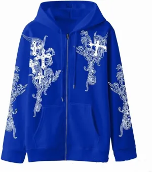 Womens Fall Sweatshirts Cross Totem Print Hooded Sweater Y2K Zipper Hoodies Vintage Outfits Clothes Zip Up Hoodie
