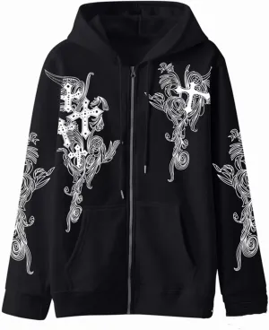 Womens Fall Sweatshirts Cross Totem Print Hooded Sweater Y2K Zipper Hoodies Vintage Outfits Clothes Zip Up Hoodie