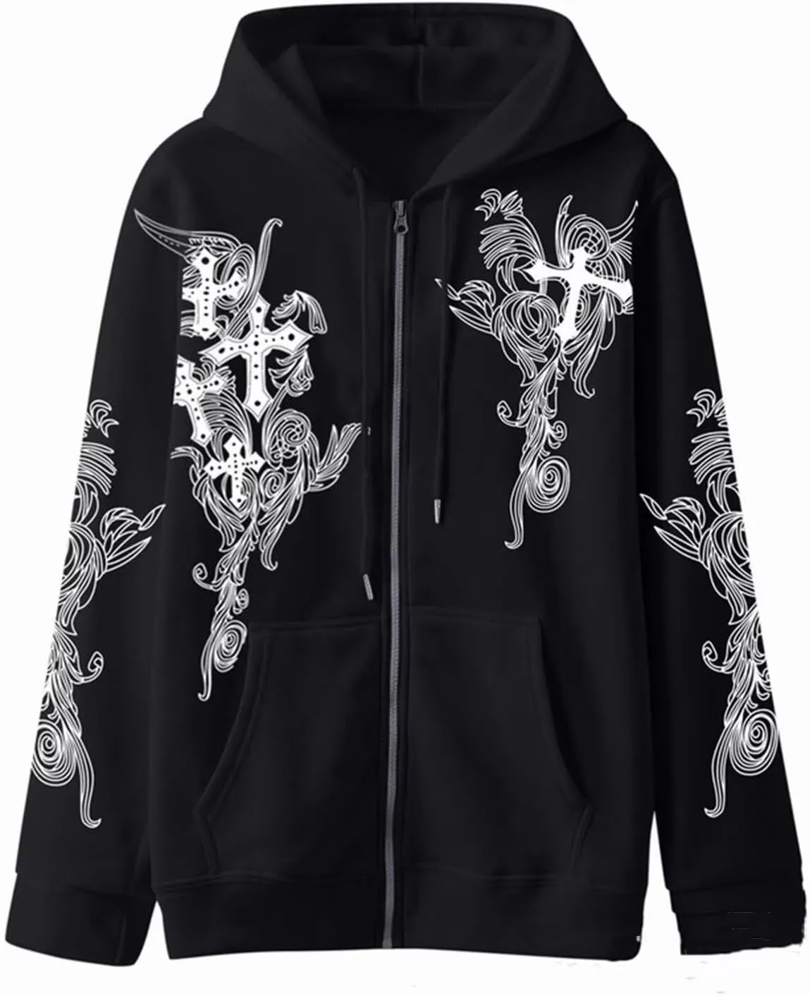 Womens Fall Sweatshirts Cross Totem Print Hooded Sweater Y2K Zipper Hoodies Vintage Outfits Clothes Zip Up Hoodie