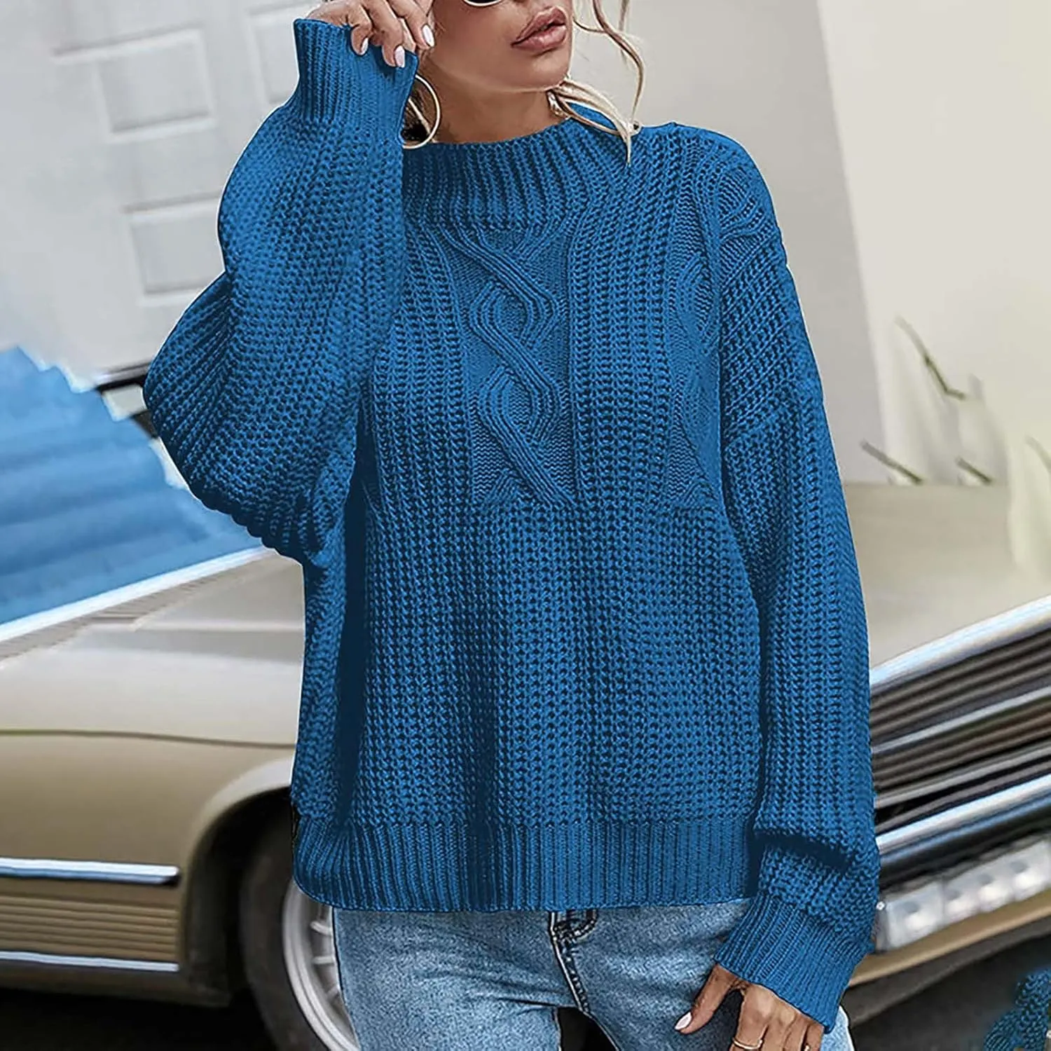Women's Fall Winter Oversized Pullover Sweaters Casual Crewneck Long Sleeve Loose Fit Chunky Cable Knit Jumper Tops