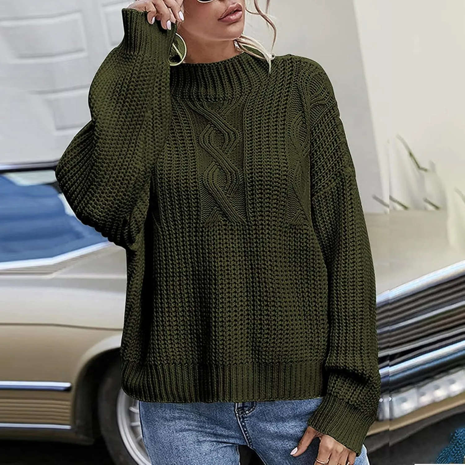 Women's Fall Winter Oversized Pullover Sweaters Casual Crewneck Long Sleeve Loose Fit Chunky Cable Knit Jumper Tops