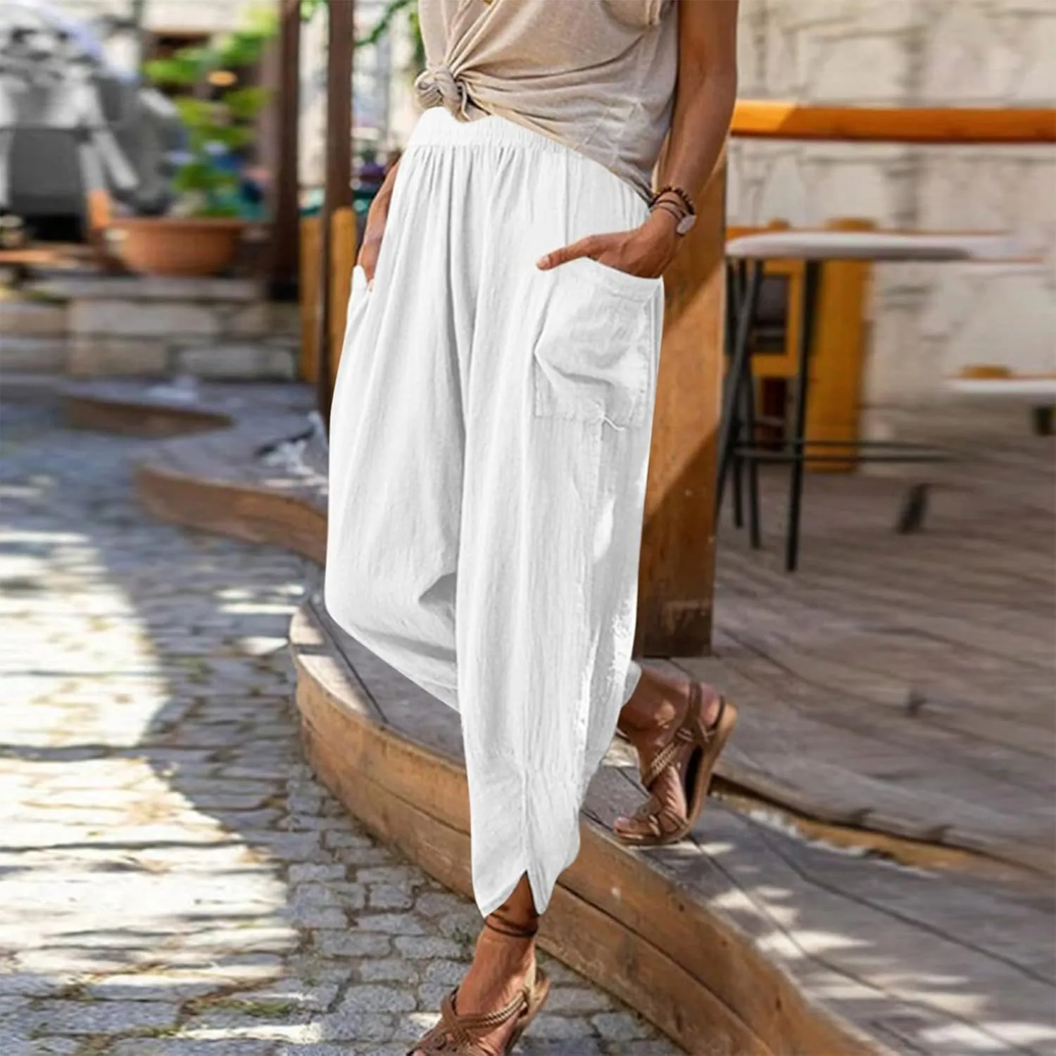 Womens Fashion Long Pant Elastic Waist High Waist Casual Trousers Harem Pants Women