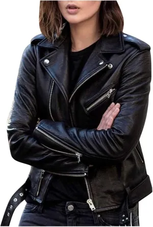 Women's Faux Leather Jacket Autumn Short Coat, Motorcycle Biker Jacket Women's Jacket Classic Biker Style for Autumn, Spring (Color : Black, Size : Small)
